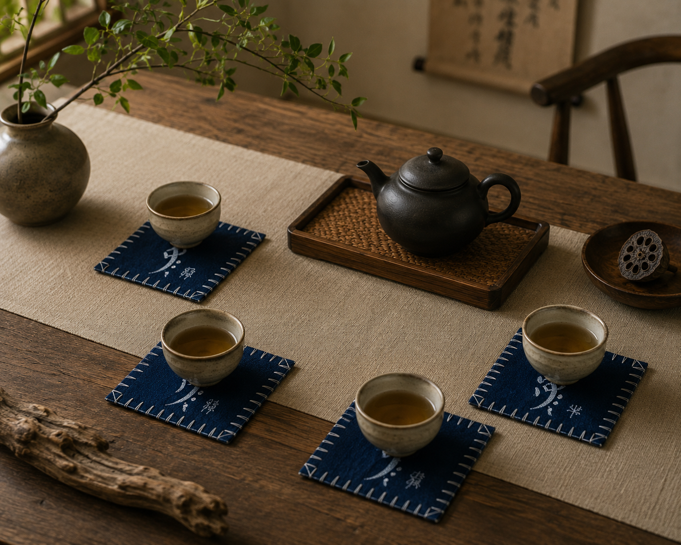 Handmade Indigo Batik Zodiac Coasters, Set of 12 Chinese Zodiac Tea Coasters, Nüshu Embroidered Cotton Drink Coasters