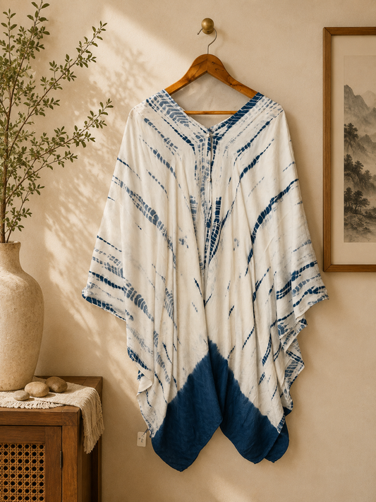 Hand Dyed Indigo Shawl, Multi Wear Tie Dye Wrap, Cotton Poncho, Shibori Scarf, Boho Kimono, Wearable Textile Art, Surging Surf