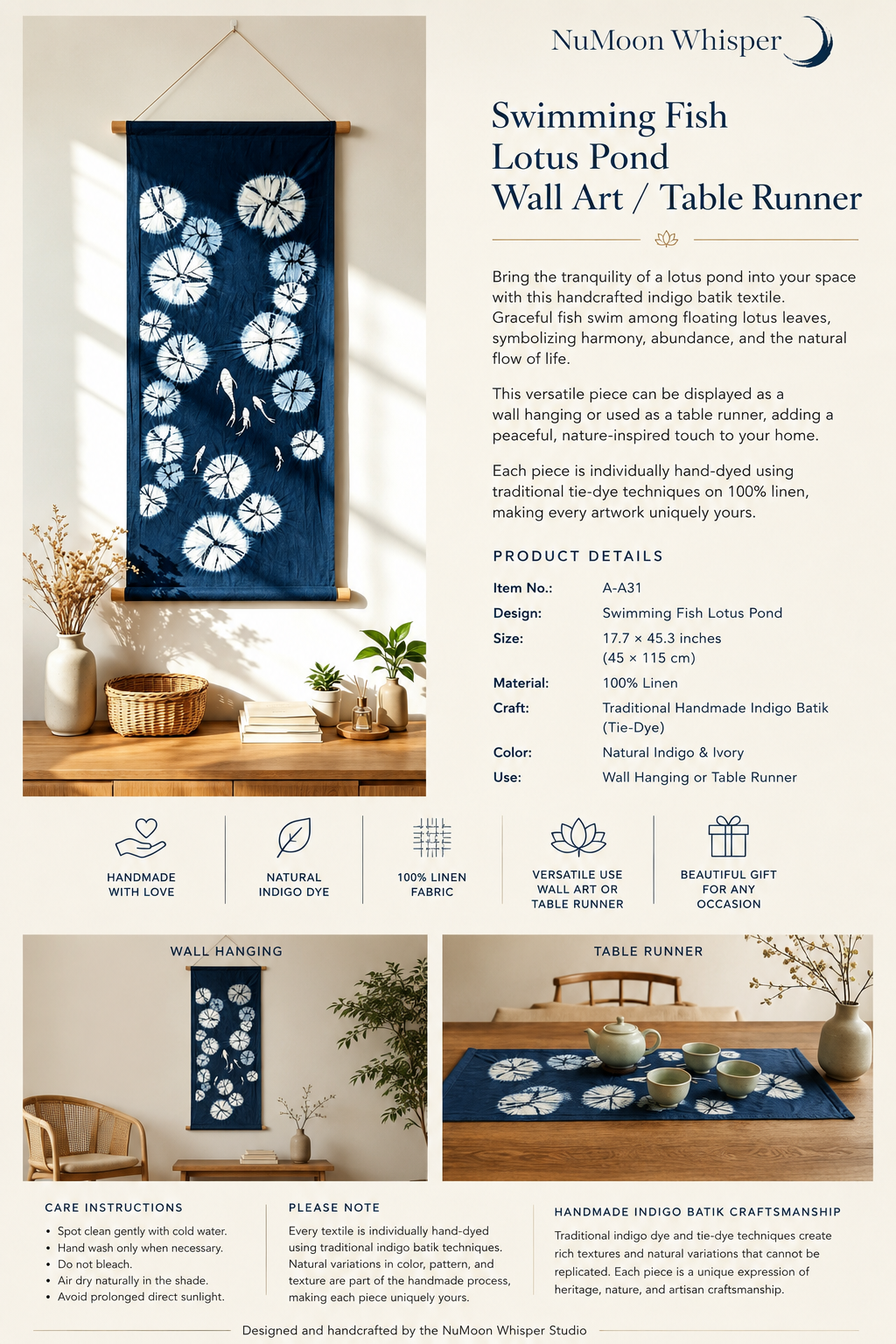 Handmade Indigo Batik Swimming Fish Lotus Pond Wall Hanging, Linen Tea Mat, Japandi Textile Art, Zen Wall Decor, Wabi Sabi Home Decor