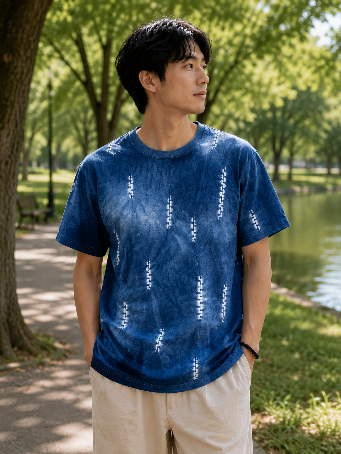 Handmade Indigo Shibori Tie-Dye T-Shirt | Natural Indigo Cotton Tee | Floral String Tie Dye Shirt | Unisex Handmade Graphic Tee | Wearable Textile Art