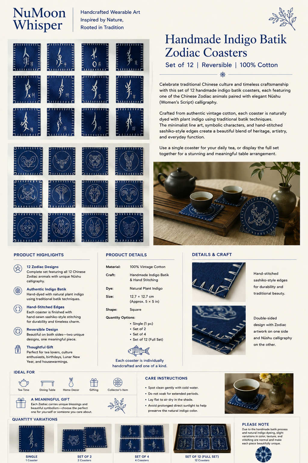 Handmade Indigo Batik Zodiac Coasters, Set of 12 Chinese Zodiac Tea Coasters, Nüshu Embroidered Cotton Drink Coasters