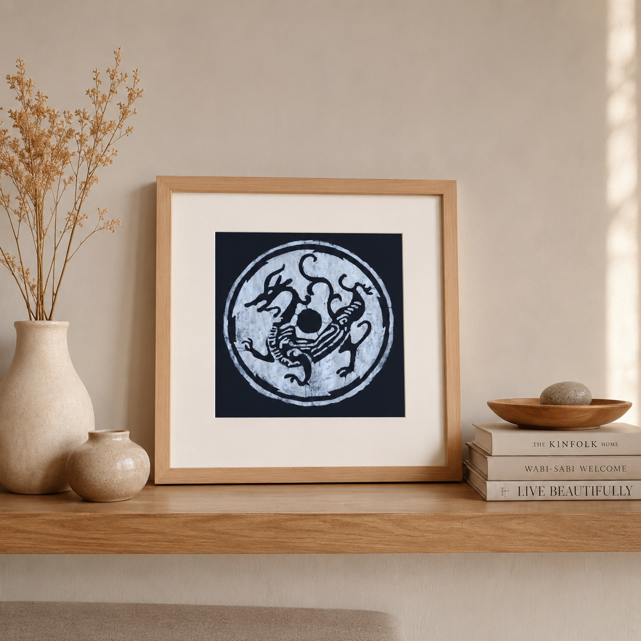Handmade Indigo Batik Four Sacred Beasts Wall Art | Chinese Mythical Animal Textile Art | Framed Fiber Wall Decor | Japandi Home Decor