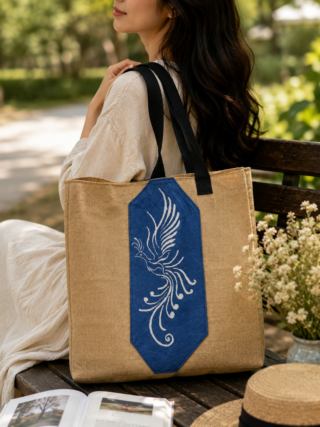 Handmade Jute Tote Bag, Double-Sided Indigo Batik Nüshu & Phoenix Design, Artisan Eco-Friendly Shoulder Bag