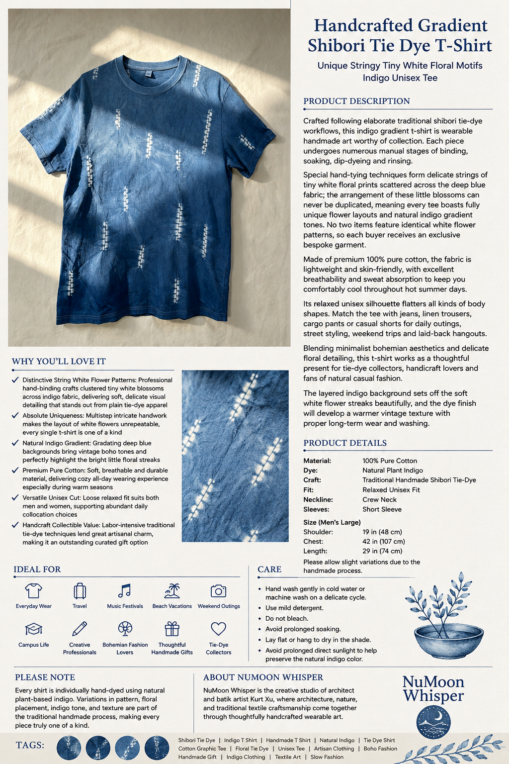 Handmade Indigo Shibori Tie-Dye T-Shirt | Natural Indigo Cotton Tee | Floral String Tie Dye Shirt | Unisex Handmade Graphic Tee | Wearable Textile Art