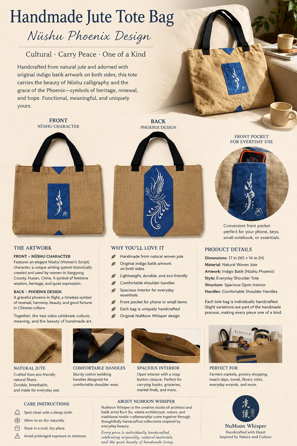 Handmade Jute Tote Bag, Double-Sided Indigo Batik Nüshu & Phoenix Design, Artisan Eco-Friendly Shoulder Bag