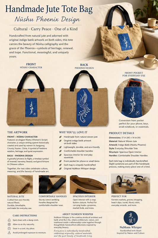 Handmade Jute Tote Bag, Double-Sided Indigo Batik Nüshu & Phoenix Design, Artisan Eco-Friendly Shoulder Bag