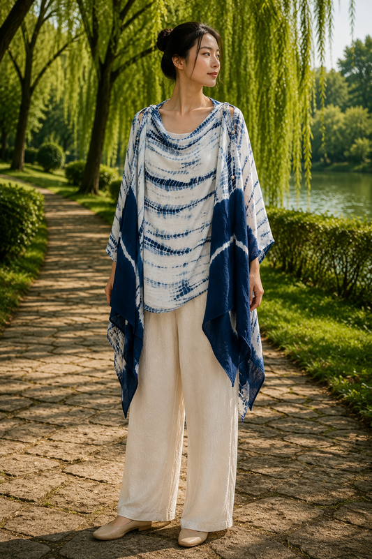 Hand Dyed Indigo Tie Dye Shawl, Multi Wear Cotton Wrap, Ocean Spire Blue White Poncho, Wearable Art, One of a Kind Boho Cape