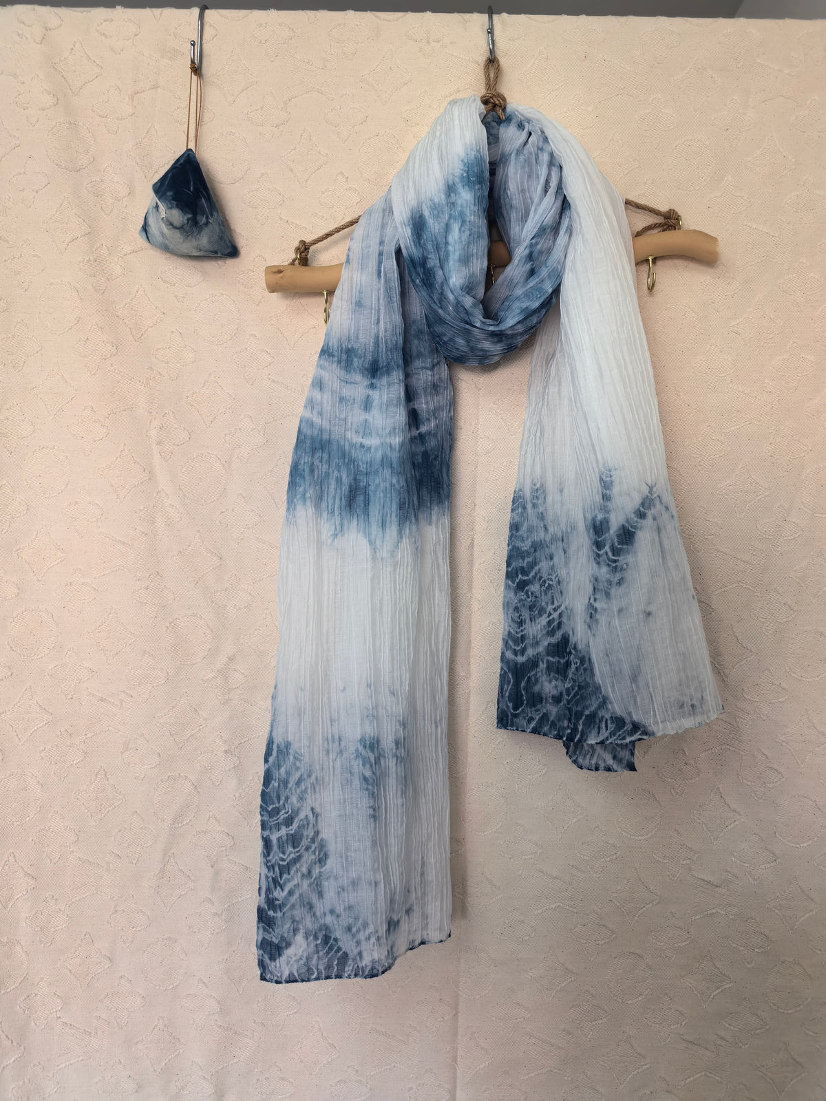 Hand Dyed Indigo Scarf, Tencel Linen Wrap, Shibori Tie Dye Scarf, Blue Boho Shawl, Textile Wall Hanging, Azure Vortex