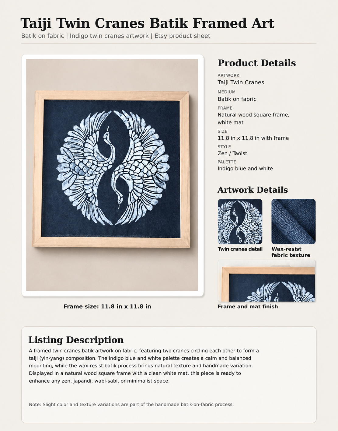 Indigo Batik Twin Cranes Linen Wall Art | Handmade Taiji Yin Yang Textile | Traditional Wax Resist Batik | Zen Home Décor | Meaningful Gift