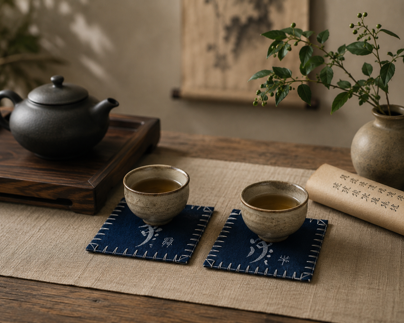 Handmade Indigo Batik Zodiac Coasters, Set of 12 Chinese Zodiac Tea Coasters, Nüshu Embroidered Cotton Drink Coasters