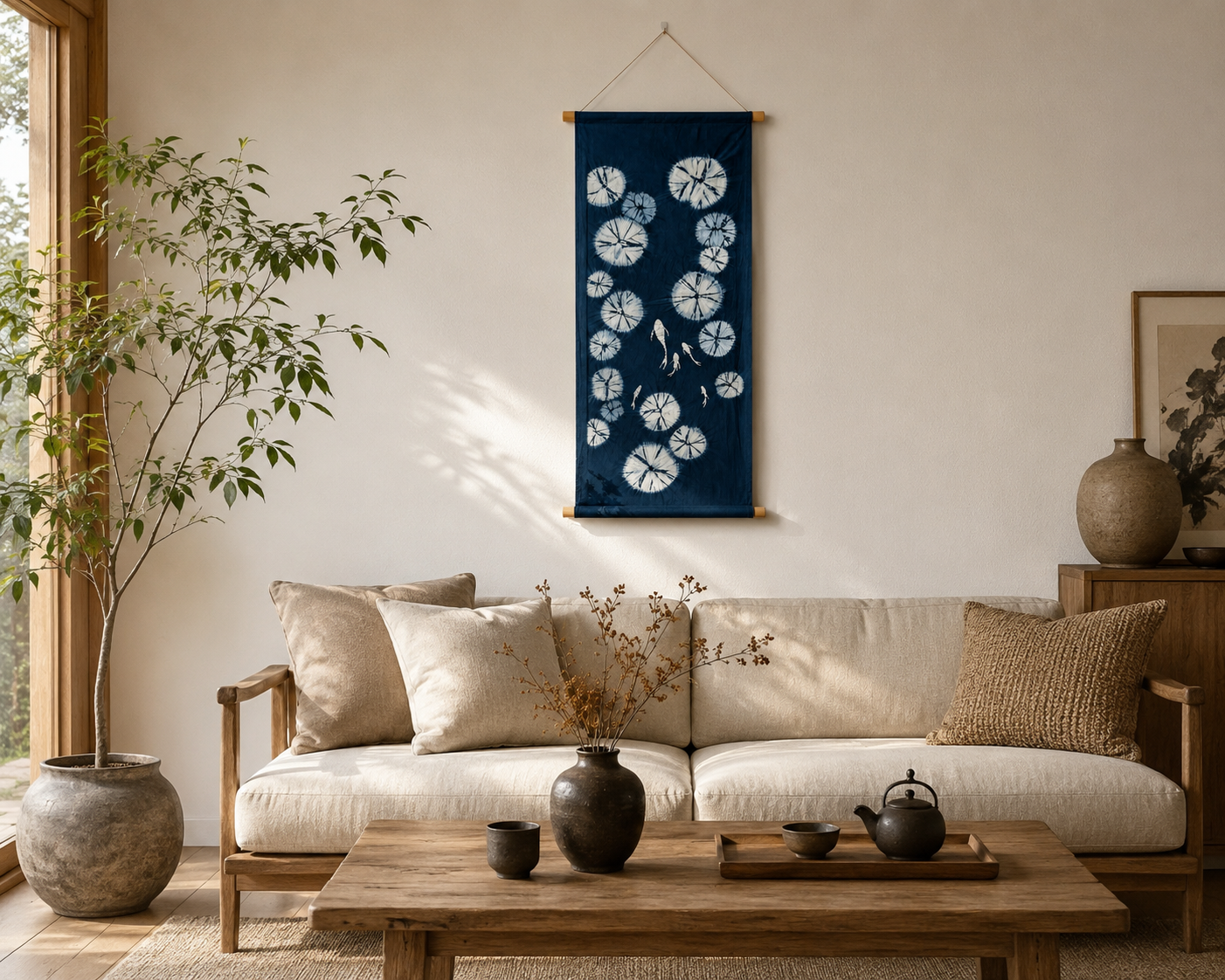 Handmade Indigo Batik Swimming Fish Lotus Pond Wall Hanging, Linen Tea Mat, Japandi Textile Art, Zen Wall Decor, Wabi Sabi Home Decor