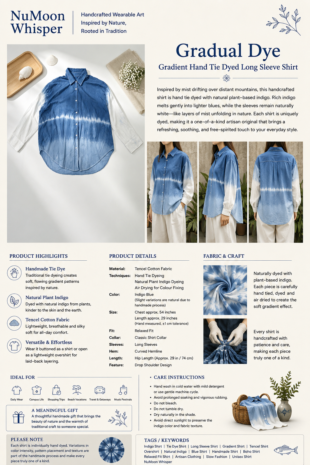 Handmade Indigo Tie-Dye Long Sleeve Shirt | Natural Cotton Hand-Dyed Overshirt | 3 Shibori Designs Available