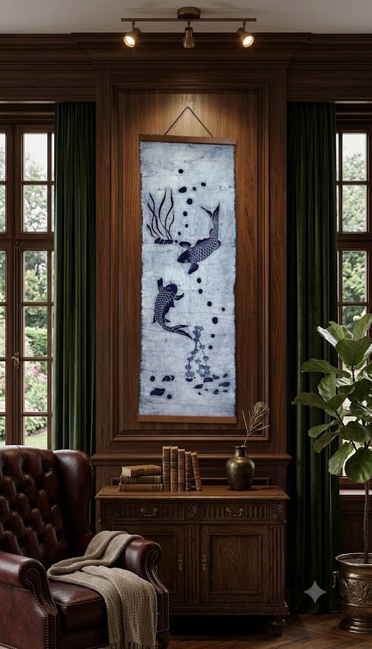 Indigo Batik Koi Wall Art | Handmade Reverse Batik Textile | Vertical Scroll Wall Hanging | Zen Home Décor Japanese & Chinese Inspired Gift