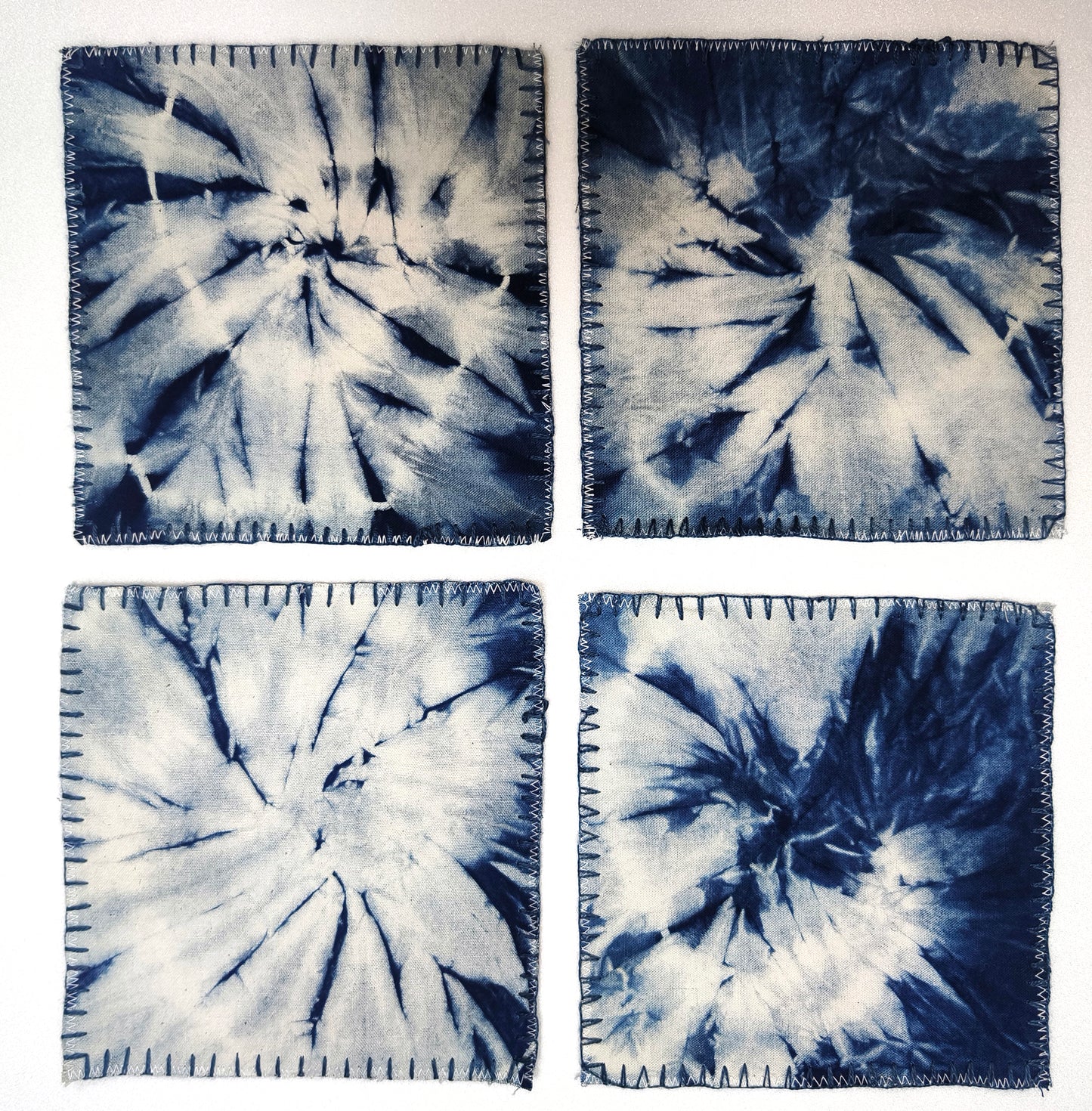 BA-11: Handmade Batik Blossom Coaster Set of 4 – Indigo Hand Dyed Textile Art for the Table – Artisan Floral Drink Mats