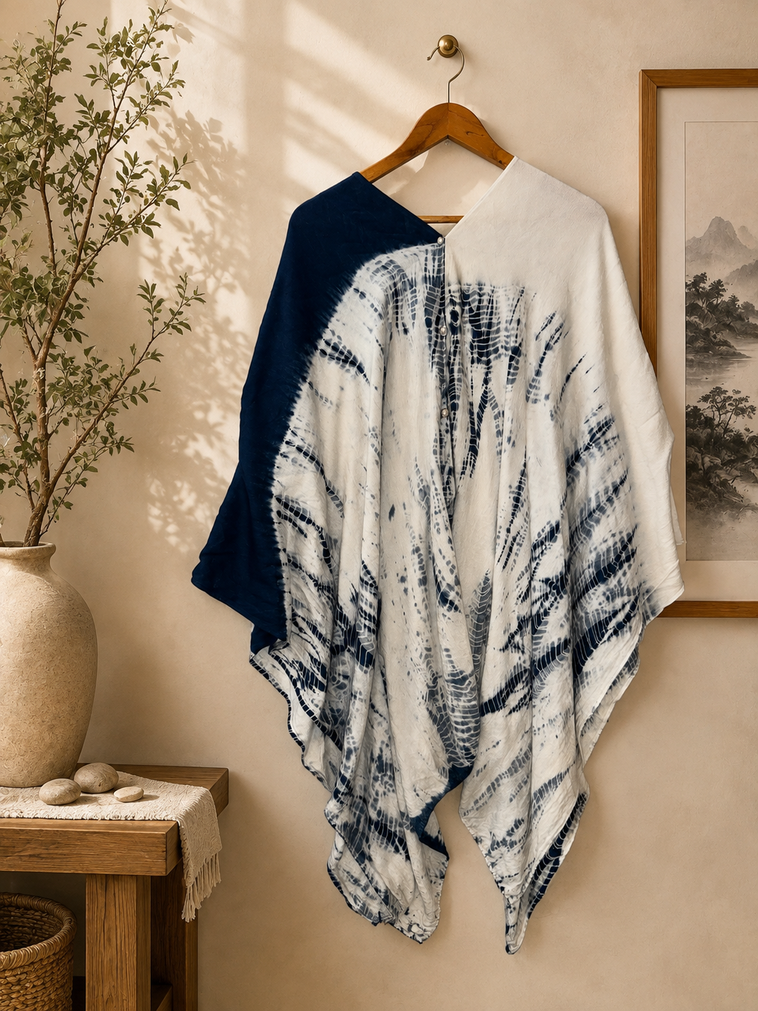 Hand Dyed Indigo Tie Dye Shawl, Multi Wear Cotton Wrap, Convertible Poncho Scarf, Tide Shadow, Azure Ocean Collection