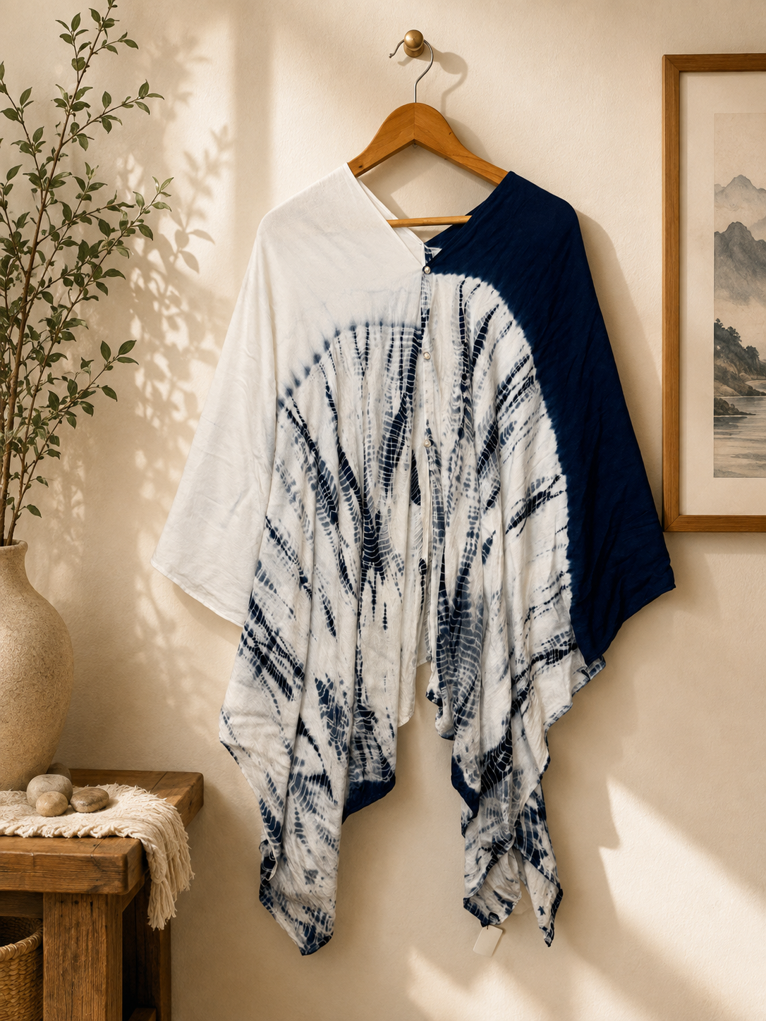 Hand Dyed Indigo Tie Dye Shawl, Multi Wear Cotton Wrap, Convertible Poncho Scarf, Tide Shadow, Azure Ocean Collection