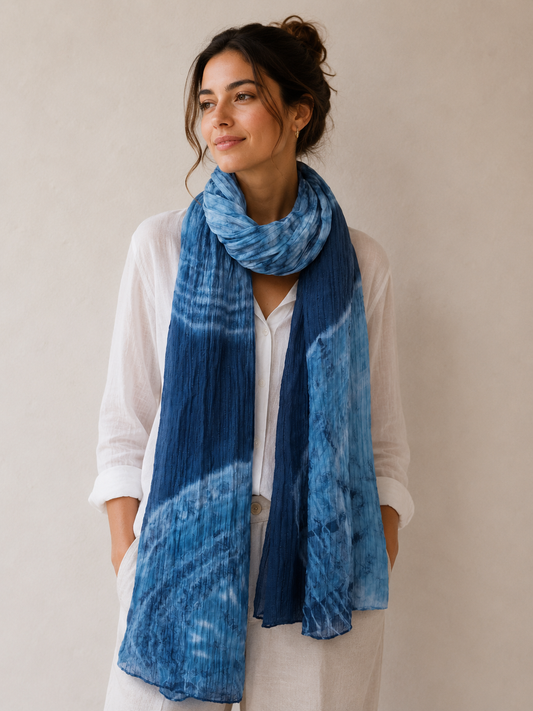 Hand Dyed Indigo Scarf, Tencel Linen Wrap, Shibori Tie Dye Scarf, Blue Boho Shawl, Textile Wall Hanging, Azure Vortex