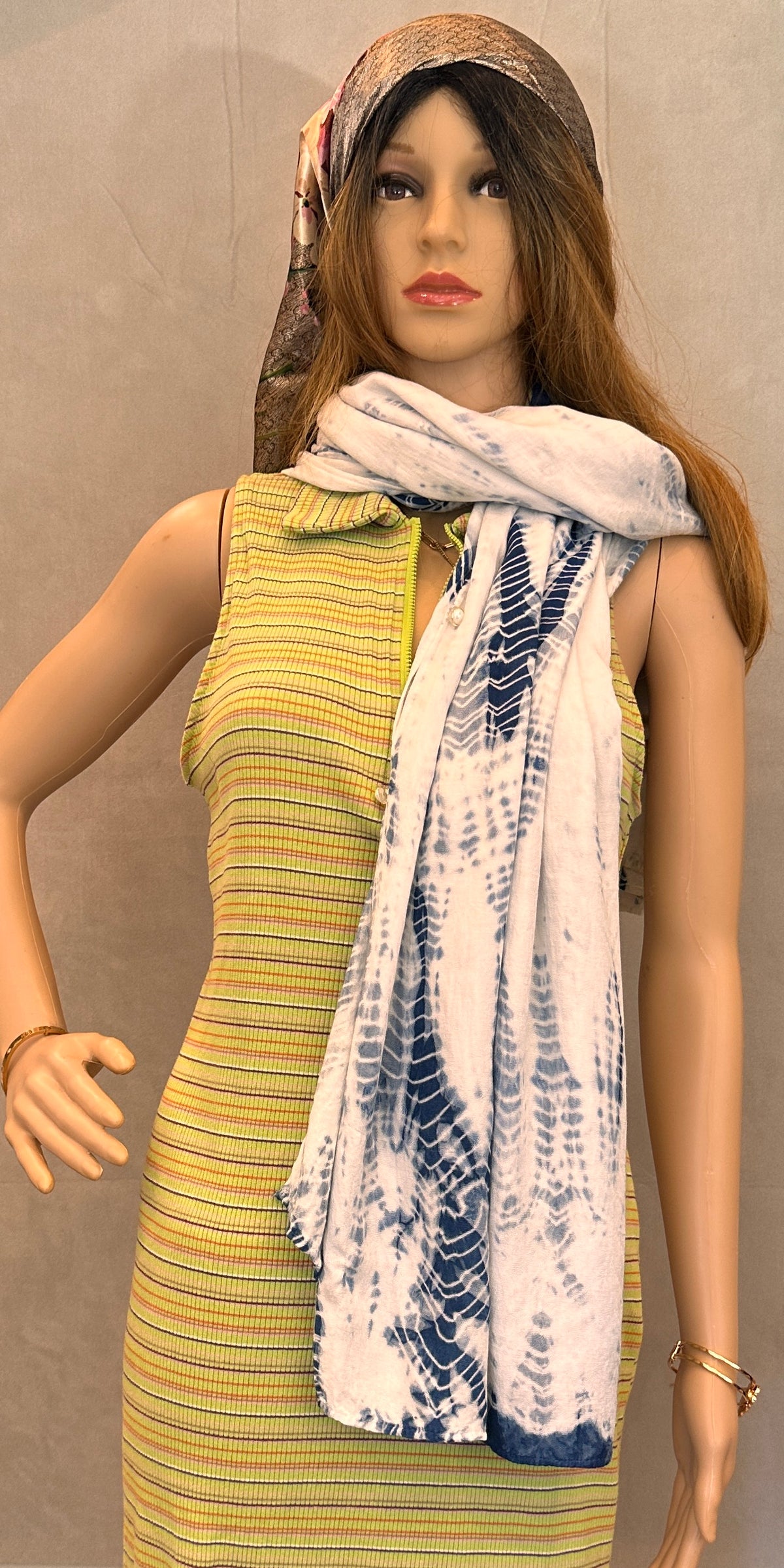Hand Dyed Indigo Tie Dye Shawl, Multi Wear Cotton Wrap, Convertible Poncho Scarf, Tide Shadow, Azure Ocean Collection