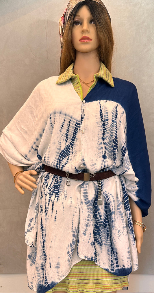 Hand Dyed Indigo Tie Dye Shawl, Multi Wear Cotton Wrap, Convertible Poncho Scarf, Tide Shadow, Azure Ocean Collection