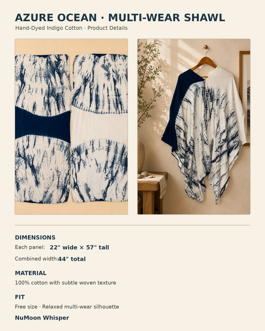 Hand Dyed Indigo Tie Dye Shawl, Multi Wear Cotton Wrap, Convertible Poncho Scarf, Tide Shadow, Azure Ocean Collection