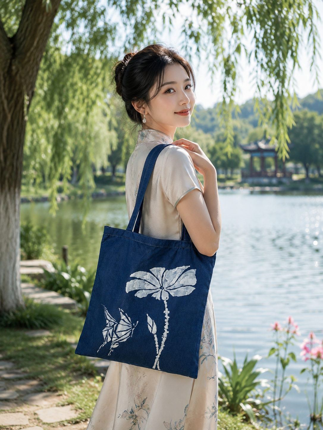 Handmade Indigo Batik Lotus Butterfly Tote Bag, Cotton Canvas Shoulder Bag, Eco-Friendly Everyday Market Tote