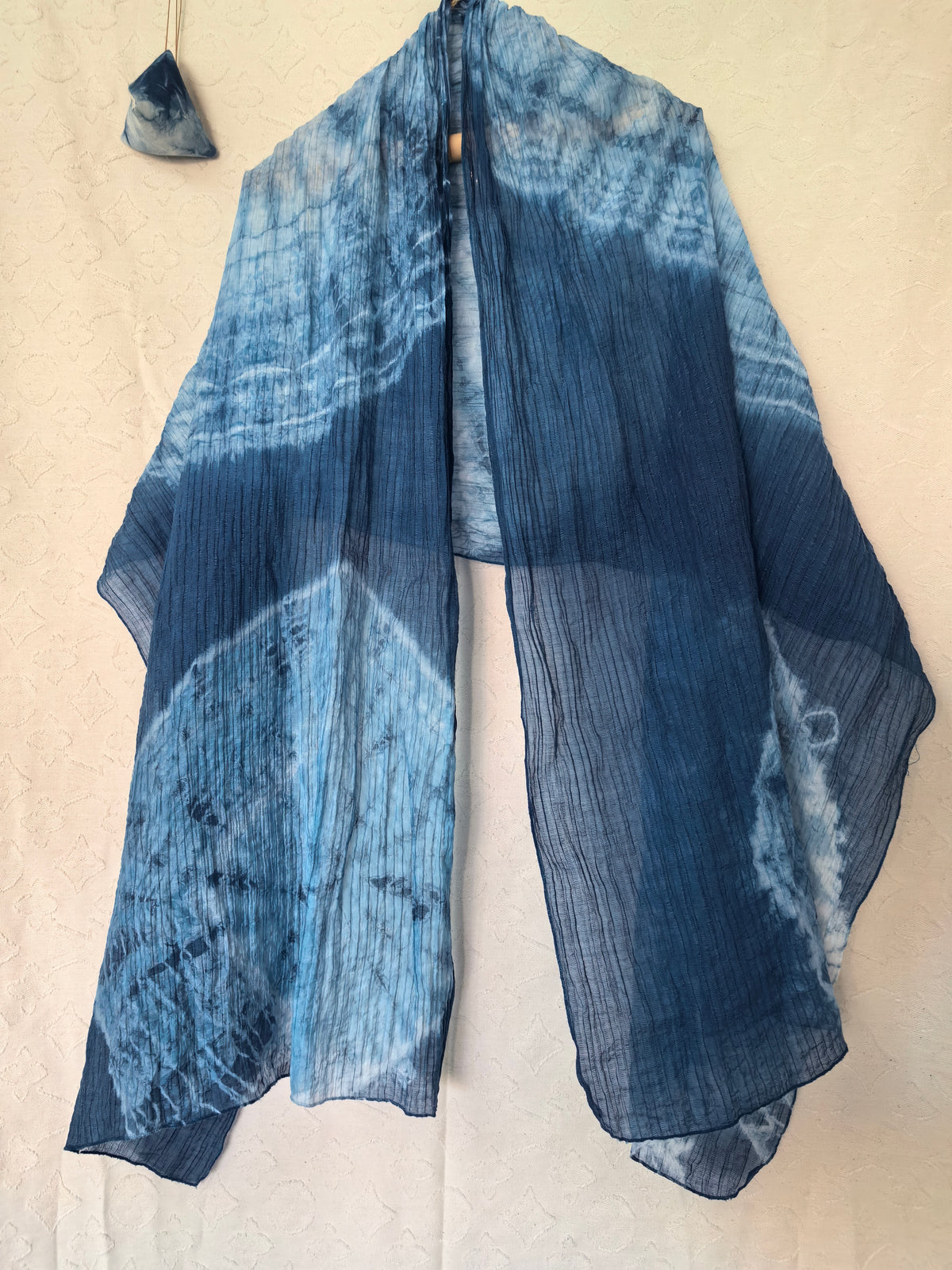 Hand Dyed Indigo Scarf, Tencel Linen Wrap, Shibori Tie Dye Scarf, Blue Boho Shawl, Textile Wall Hanging, Azure Vortex