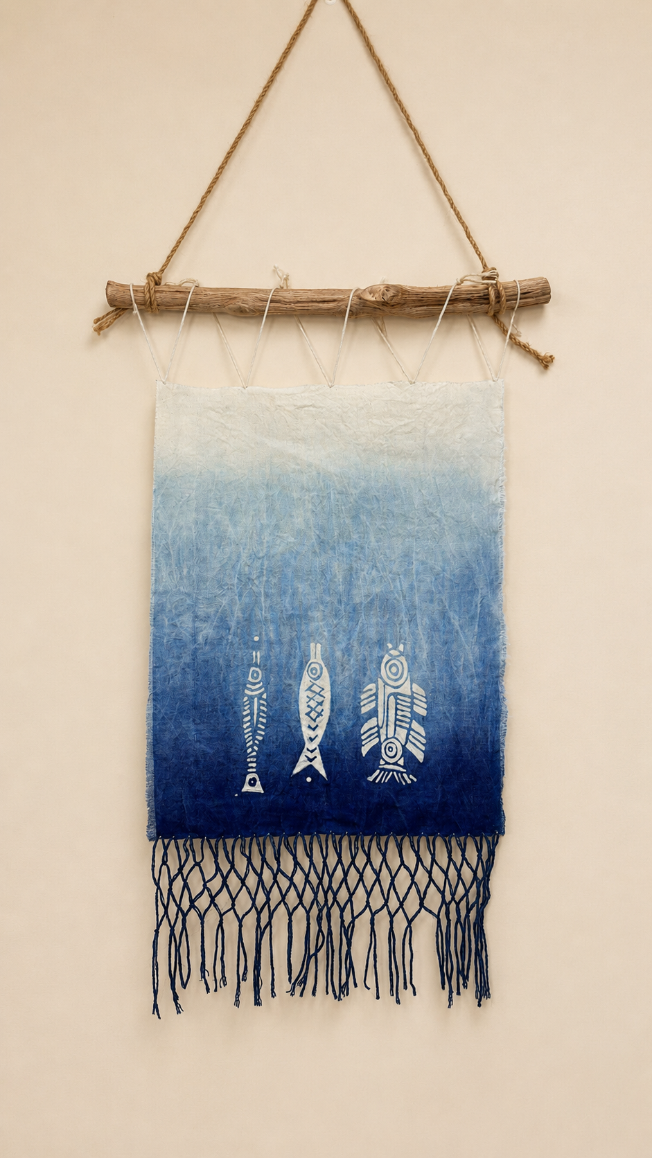 Handmade Han Dynasty Fish Batik Wall Hanging, Indigo Macramé Tapestry, Boho Wall Décor, Chinese Lucky Fish Art