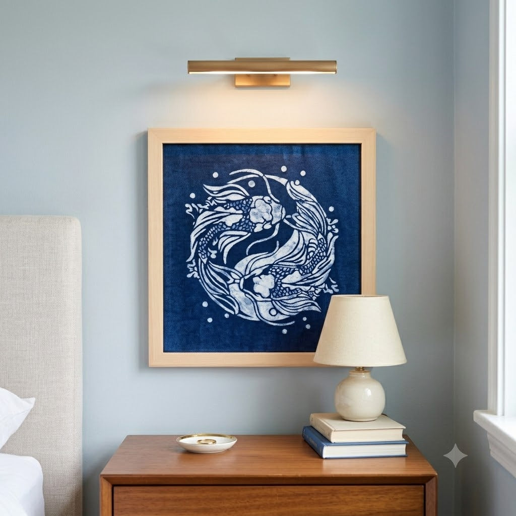 Indigo Batik Twin Koi Linen Wall Art | Handmade Taiji Yin Yang Textile | Traditional Wax Resist Batik | Zen Home Décor | Meaningful Gift