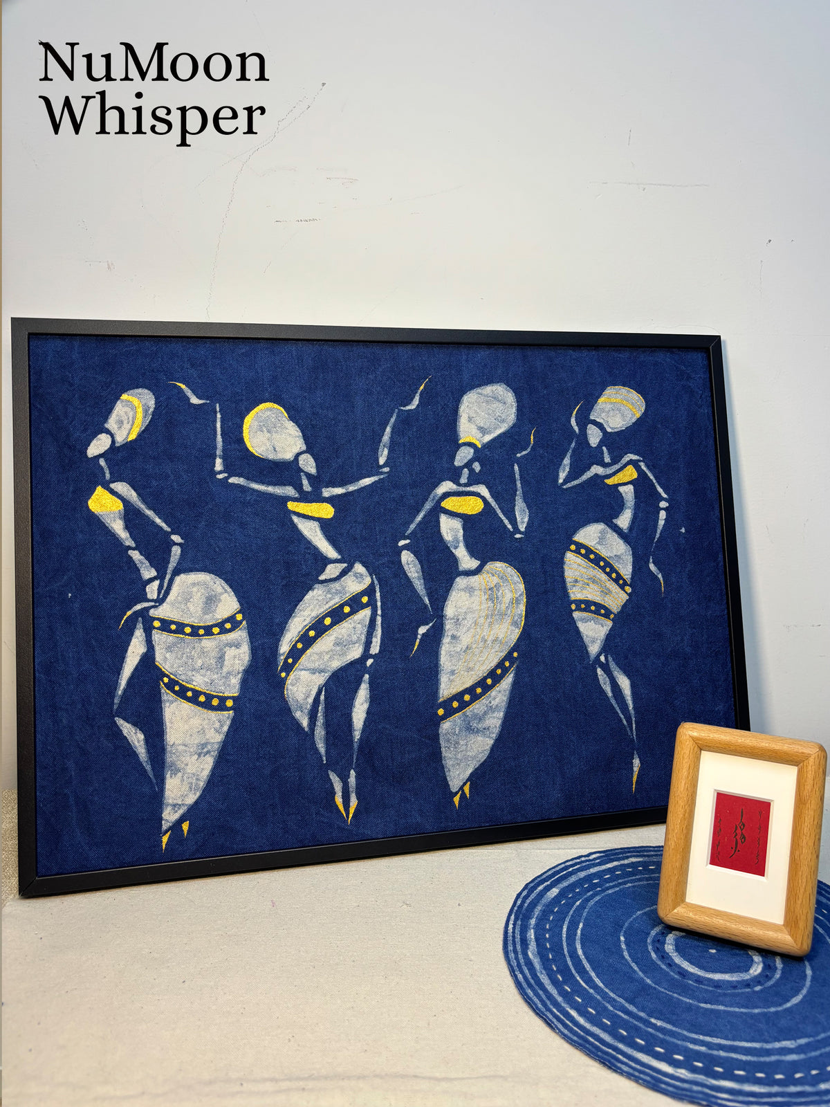 Dancing Women Wall Art, Indigo & Gold Batik Wall Hanging, Feminine Boho Decor, Handmade Textile Art, Mother Earth Tapestry