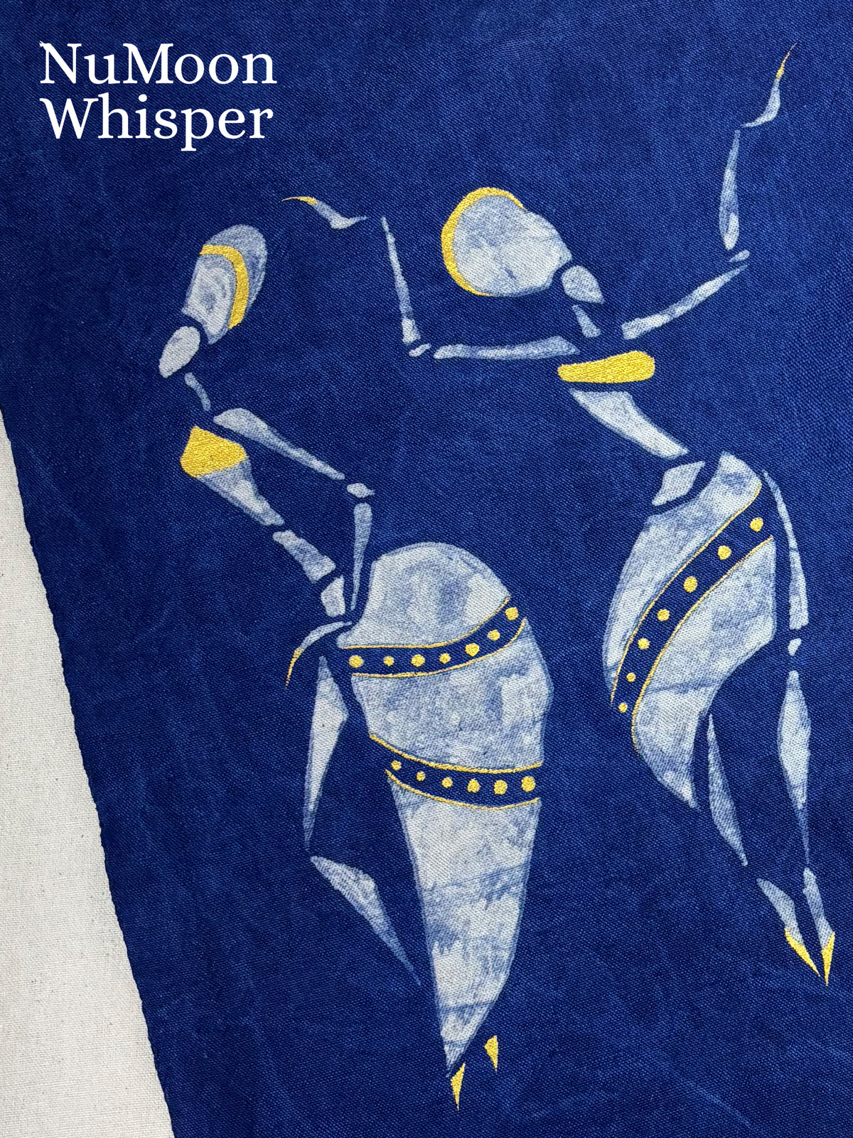 Dancing Women Wall Art, Indigo & Gold Batik Wall Hanging, Feminine Boho Decor, Handmade Textile Art, Mother Earth Tapestry