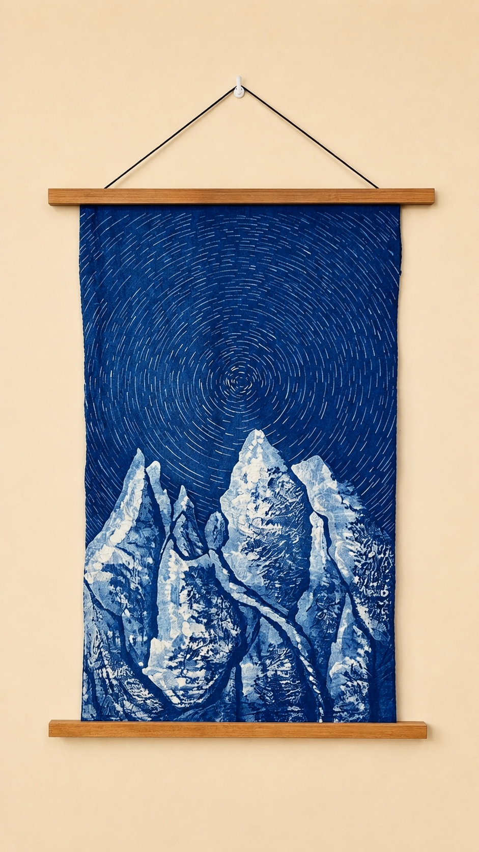 Star Trail Snow Mountain Batik Wall Hanging | Handmade Indigo Tapestry | Rustic Farmhouse Wall Art | Wabi-Sabi Textile Decor  Astronomy Gift