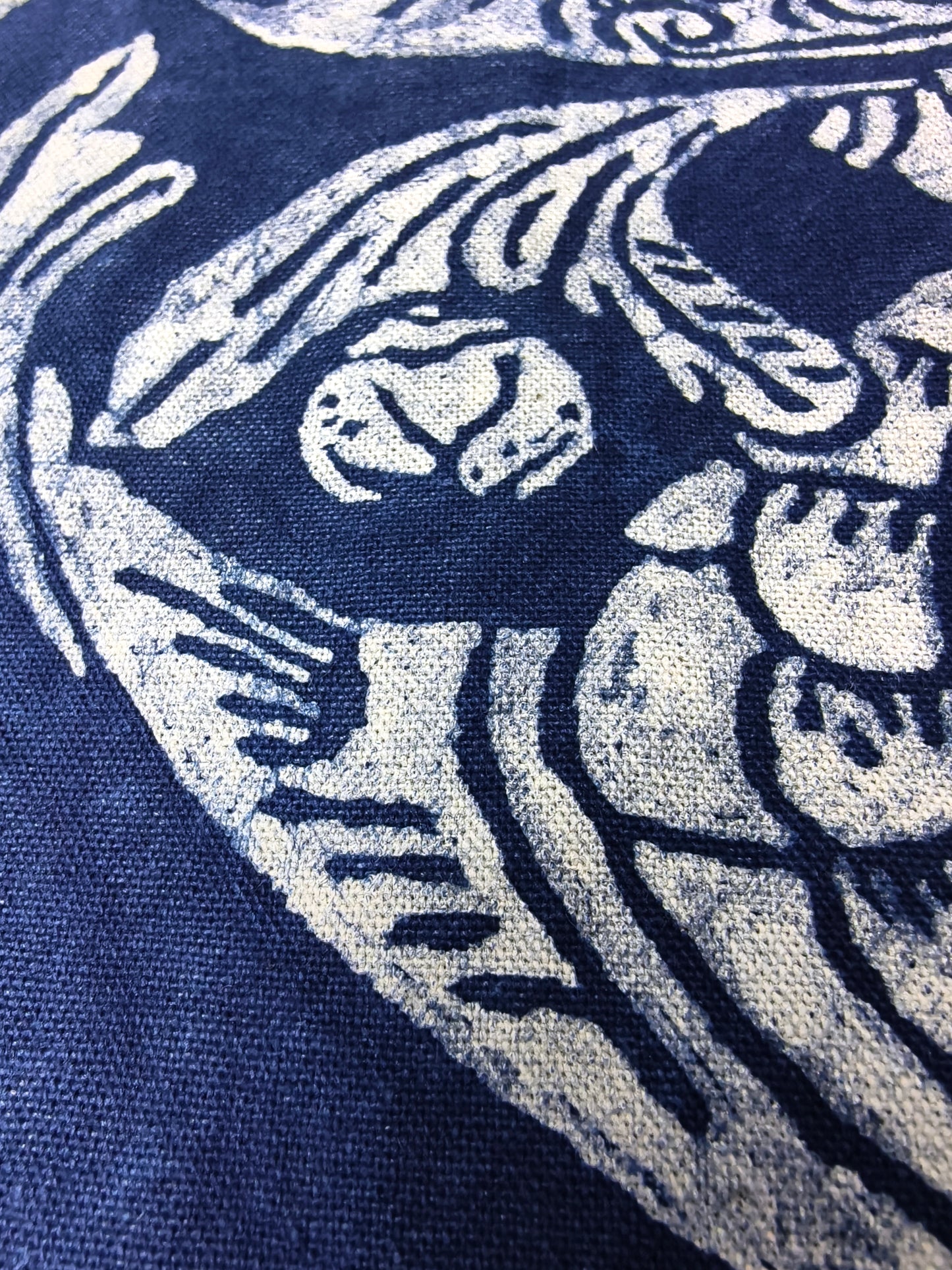 Indigo Batik Wall Art, BLESSED BEAST (FU) Textile Wall Hanging, Blue White Zen Decor, Handmade Cotton Tapestry, Framed Boho Wall Decor #B04