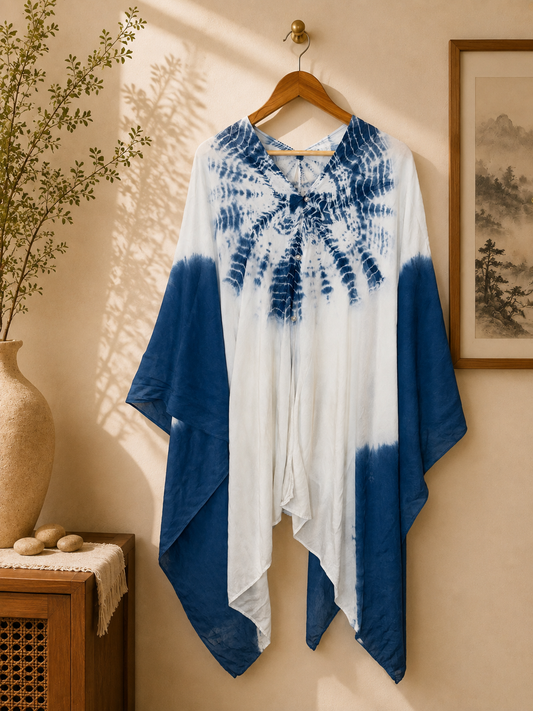 Hand Dyed Indigo Shawl, Multi Wear Tie Dye Wrap, Cotton Poncho Scarf, Boho Kimono Cape, Wearable Textile Art, Ocean Eddy