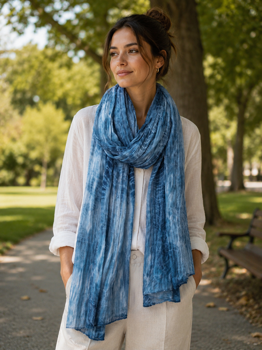 Hand Dyed Indigo Scarf, Tencel Linen Wrap, Natural Shibori Scarf, Blue Boho Shawl, Textile Wall Hanging, Mountain Stream