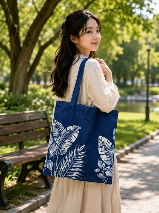 Handmade Indigo Batik Ginkgo Leaf Tote Bag, Cotton Canvas Shoulder Bag, Eco-Friendly Everyday Market Tote
