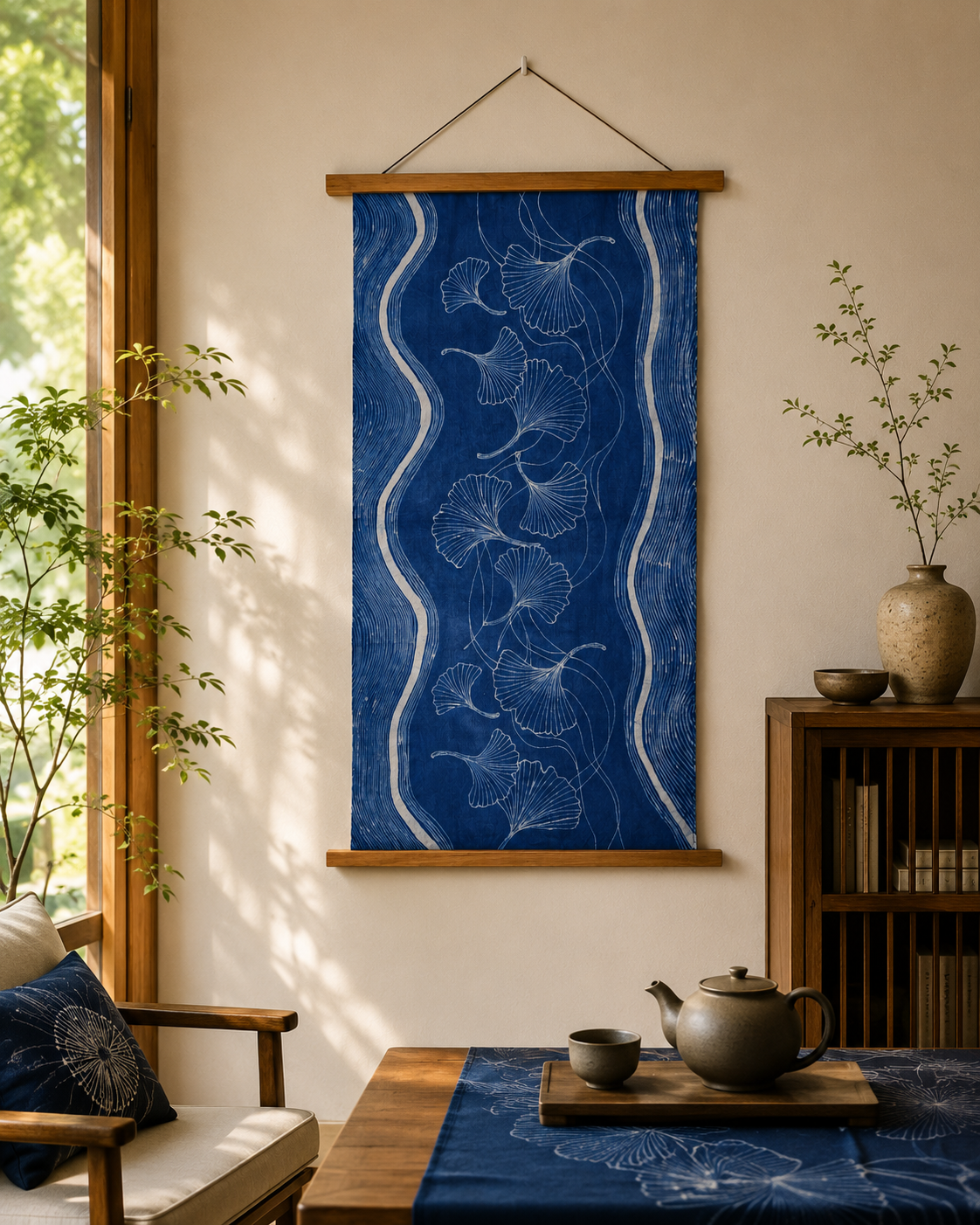 Handmade Indigo Batik Ginkgo Wall Hanging, Botanical Textile Art, Wabi-Sabi Zen Home Décor, Cotton Wall Art
