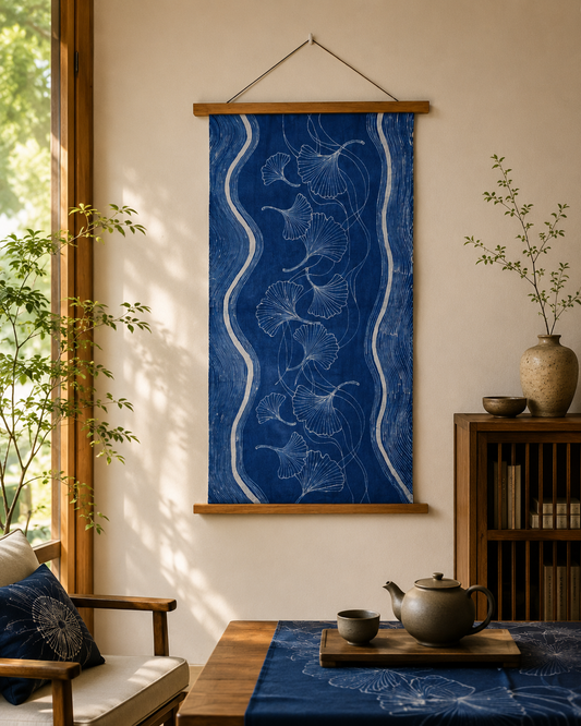 Handmade Indigo Batik Ginkgo Wall Hanging, Botanical Textile Art, Wabi-Sabi Zen Home Décor, Cotton Wall Art
