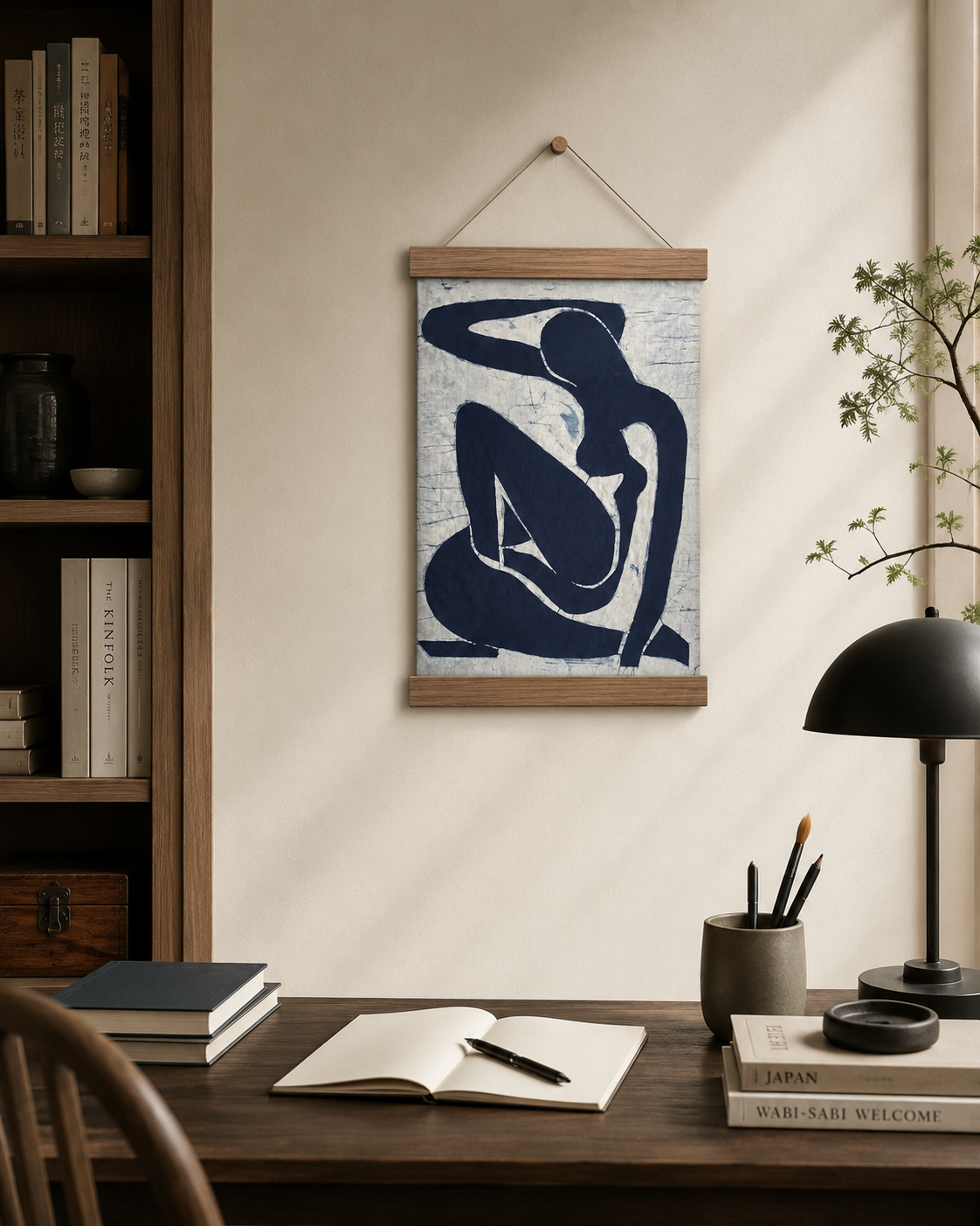 Handmade Indigo Batik Wall Art | Homage to Matisse Blue Nude | Abstract Figurative Textile Art on Linen | Modern Minimalist Framed Decor