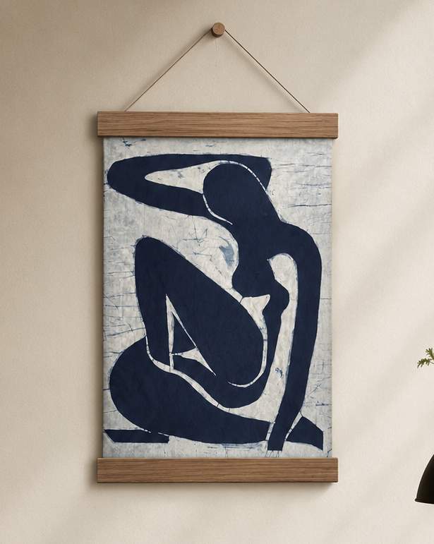 Handmade Indigo Batik Wall Art | Homage to Matisse Blue Nude | Abstract Figurative Textile Art on Linen | Modern Minimalist Framed Decor