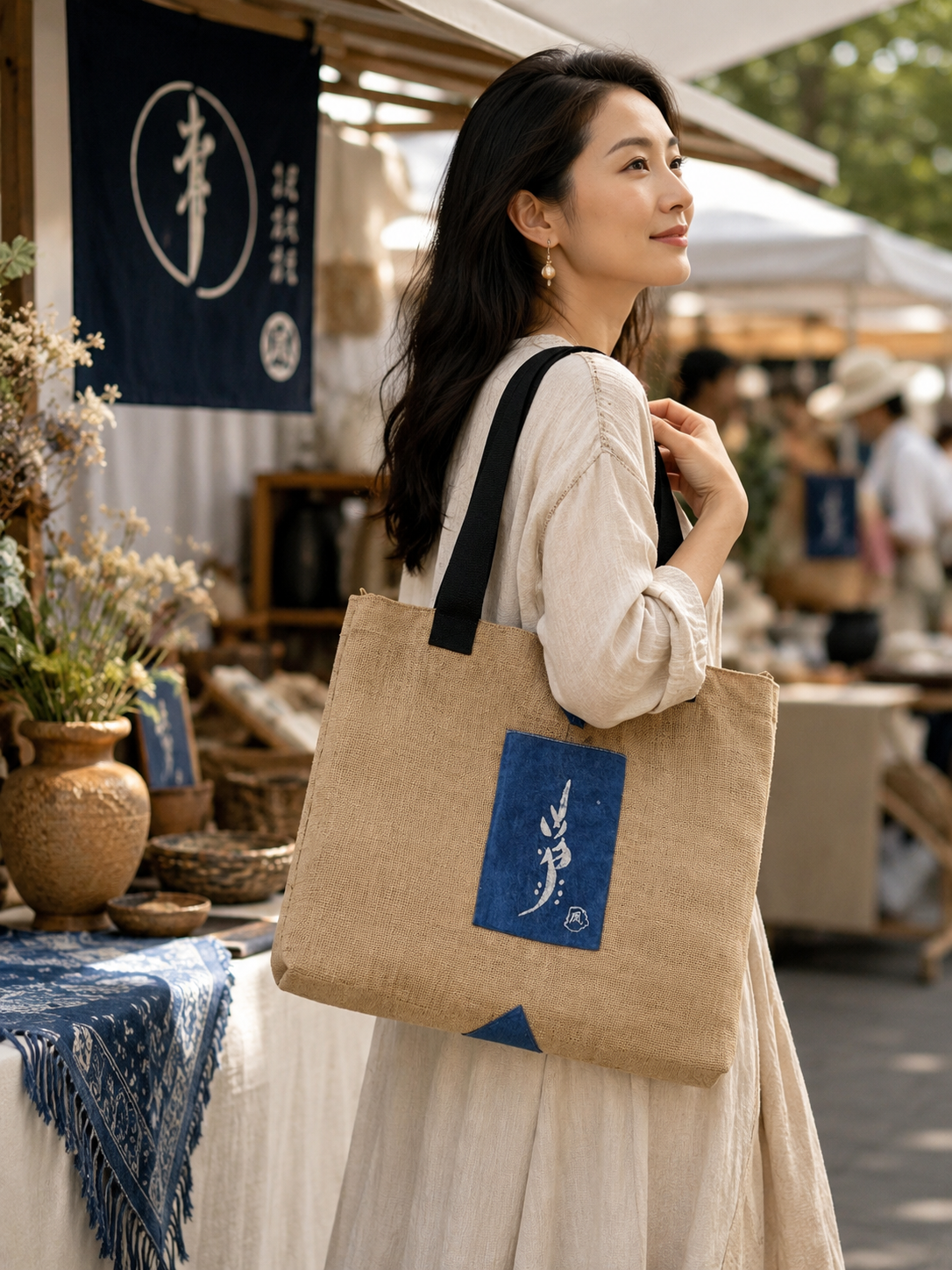 Handmade Jute Tote Bag, Double-Sided Indigo Batik Nüshu & Phoenix Design, Artisan Eco-Friendly Shoulder Bag