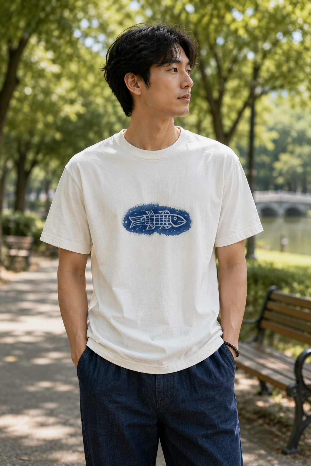 Handmade Han Dynasty Fish Batik T-Shirt | Natural Indigo Cotton Graphic Tee | Oriental Traditional Shirt | Hand-Dyed Unisex Art Tee | Cultural Gift