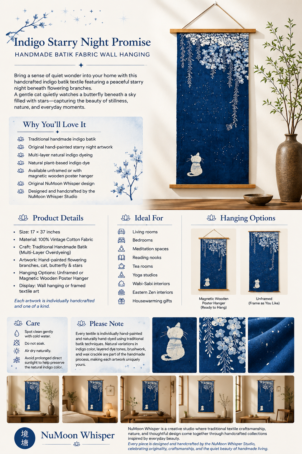 Handmade Indigo Batik Starry Night Wall Hanging, Moonlit Cat & Butterfly Textile Art, Zen Home Décor