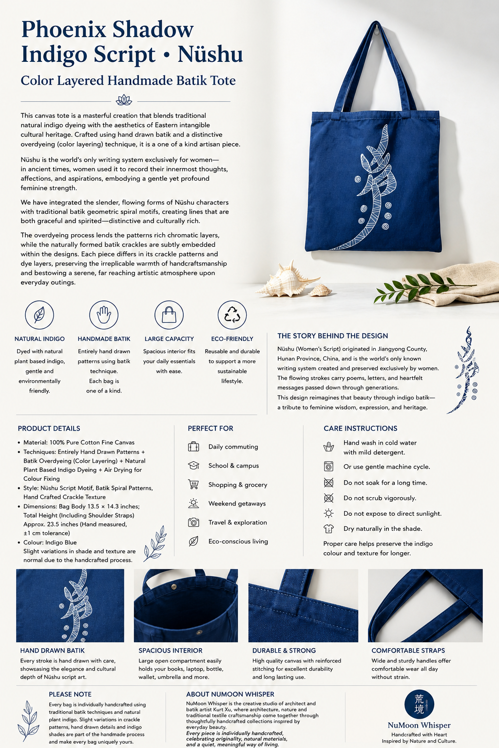 Handmade Indigo Batik Nüshu Tote Bag, Cotton Canvas Shoulder Bag, Women's Script Artisan Market Tote