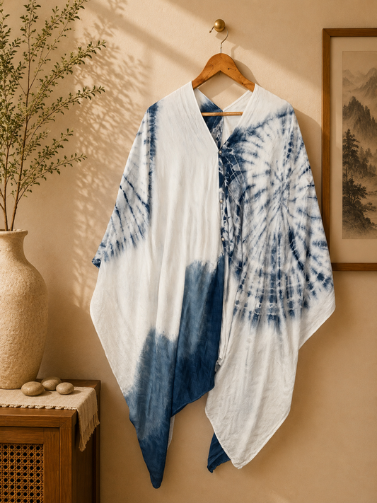 Indigo Tie Dye Shawl Wrap, Multi Wear Cotton Poncho, Hand Dyed Plant Indigo Scarf, Lateral Tide Wearable Textile Art