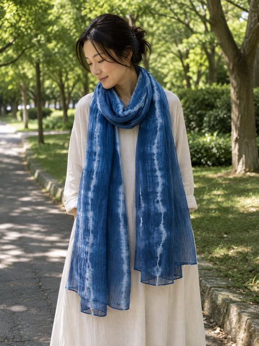 Hand Dyed Indigo Scarf, Tencel Linen Wrap, Natural Shibori Shawl, Blue Tie Dye Scarf, Wearable Textile Art, River Journey