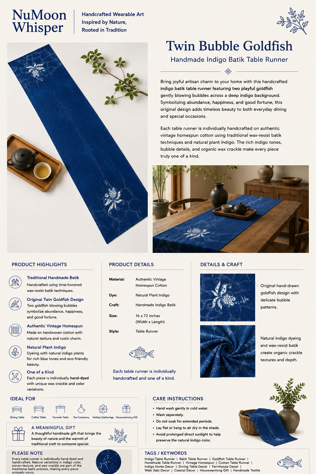 Handmade Indigo Batik Goldfish Table Runner, Vintage Homespun Cotton, Natural Indigo Dining Table Décor, Bubble Fish Design