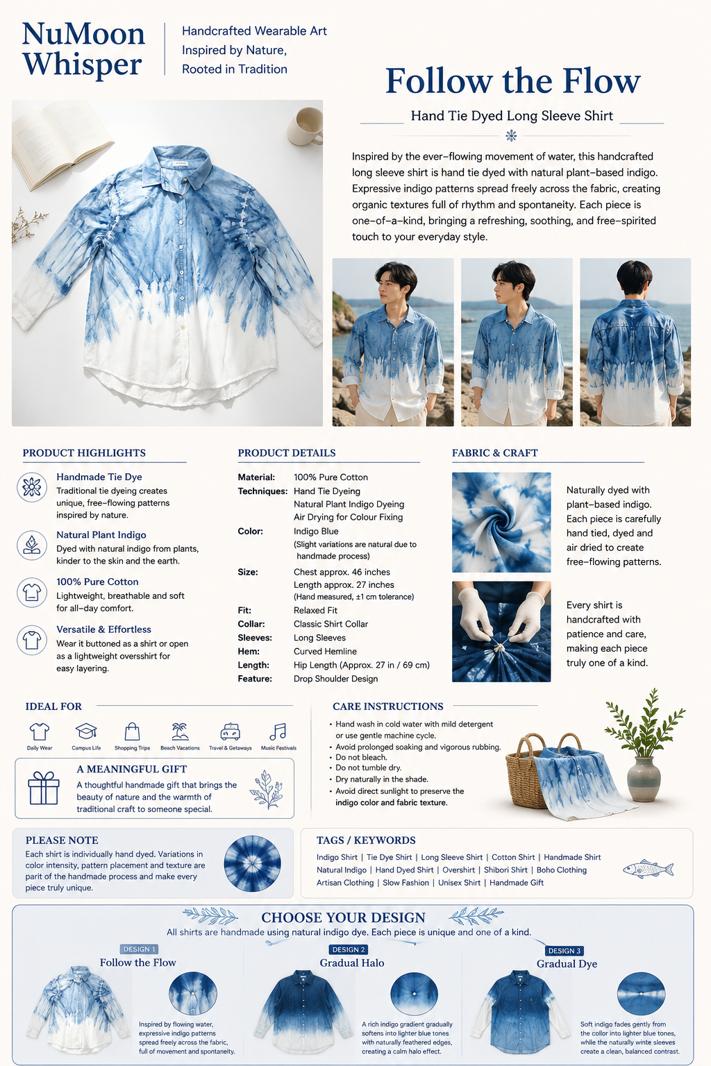 Handmade Indigo Tie-Dye Long Sleeve Shirt | Natural Cotton Hand-Dyed Overshirt | 3 Shibori Designs Available