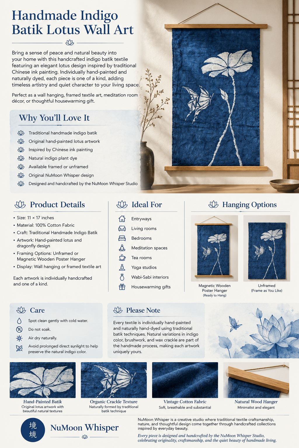 Handmade Indigo Batik Lotus Butterfly Wall Hanging, Textile Wall Art, Cotton Home Décor, Wabi-Sabi Zen Art