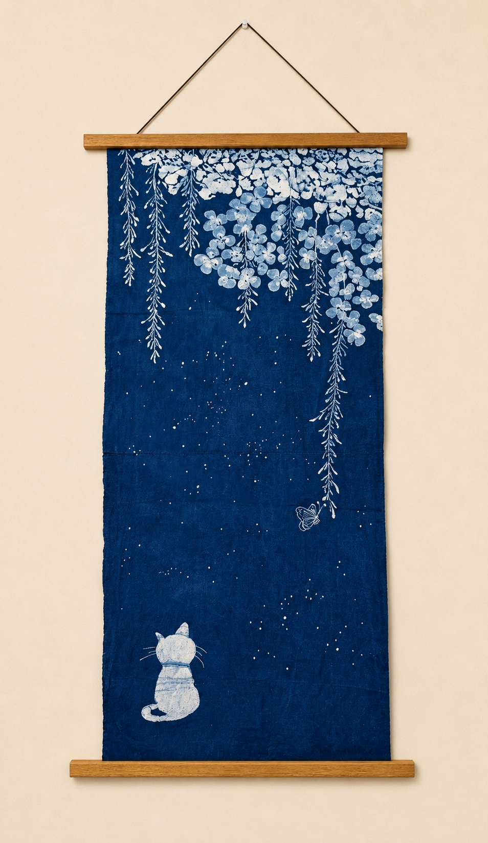 Handmade Indigo Batik Starry Night Wall Hanging, Moonlit Cat & Butterfly Textile Art, Zen Home Décor
