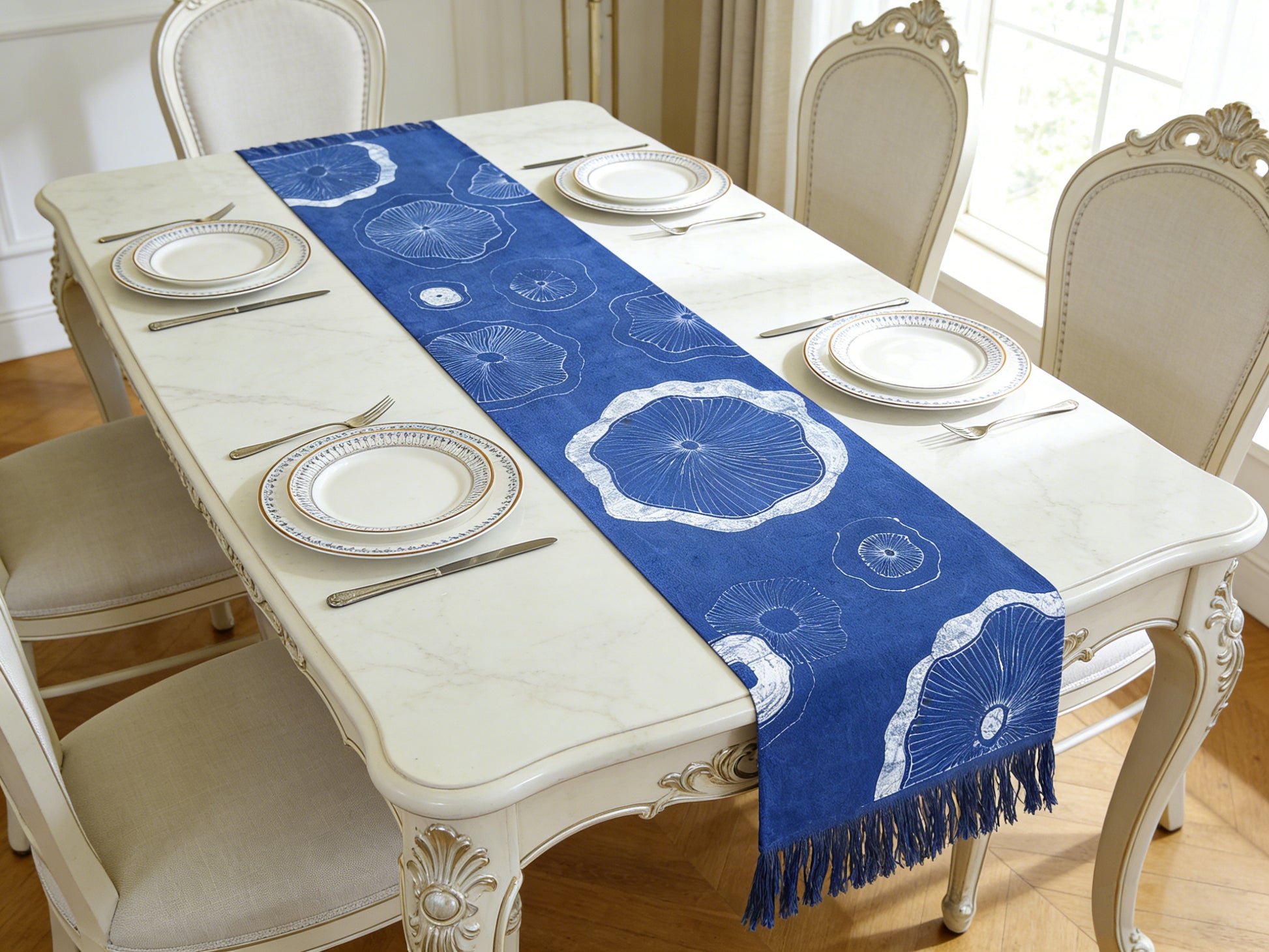 Dining table set with a blue and white patterned table runner, plates, and cutlery.